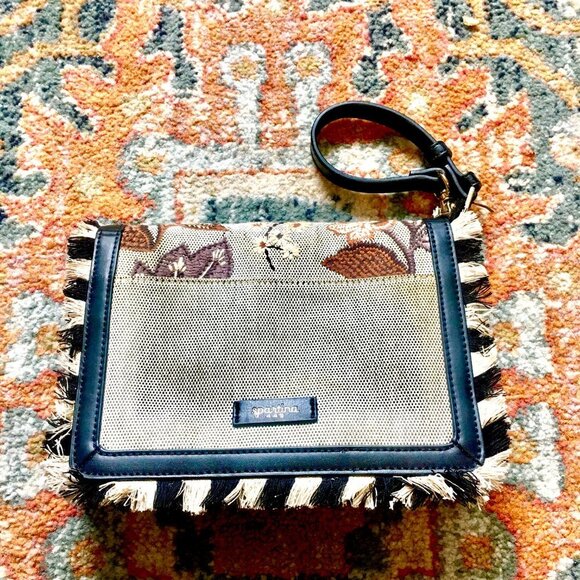 SPARTINA 449 Cordelia Clutch Tan Linen Black Leather Brown Embroidery Fringe - Picture 4 of 8